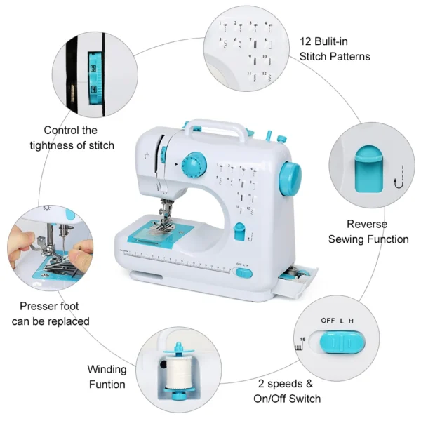 kf S692c6ce572a0463091fdbdf90d14fc80l Portable Sewing Machine 12 Built in Stitches Double Thread for Beginner Crafting DIY Mini Sewing Machine