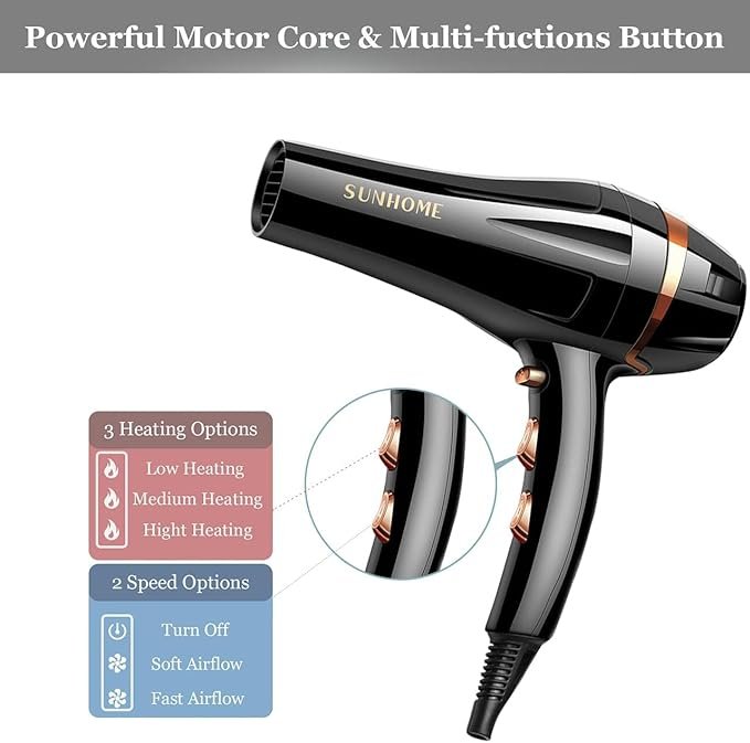 SUNHOME 6-Piece Professional Hair Dryer, 2000W 3 Heat 2 Speed,Black/Gold